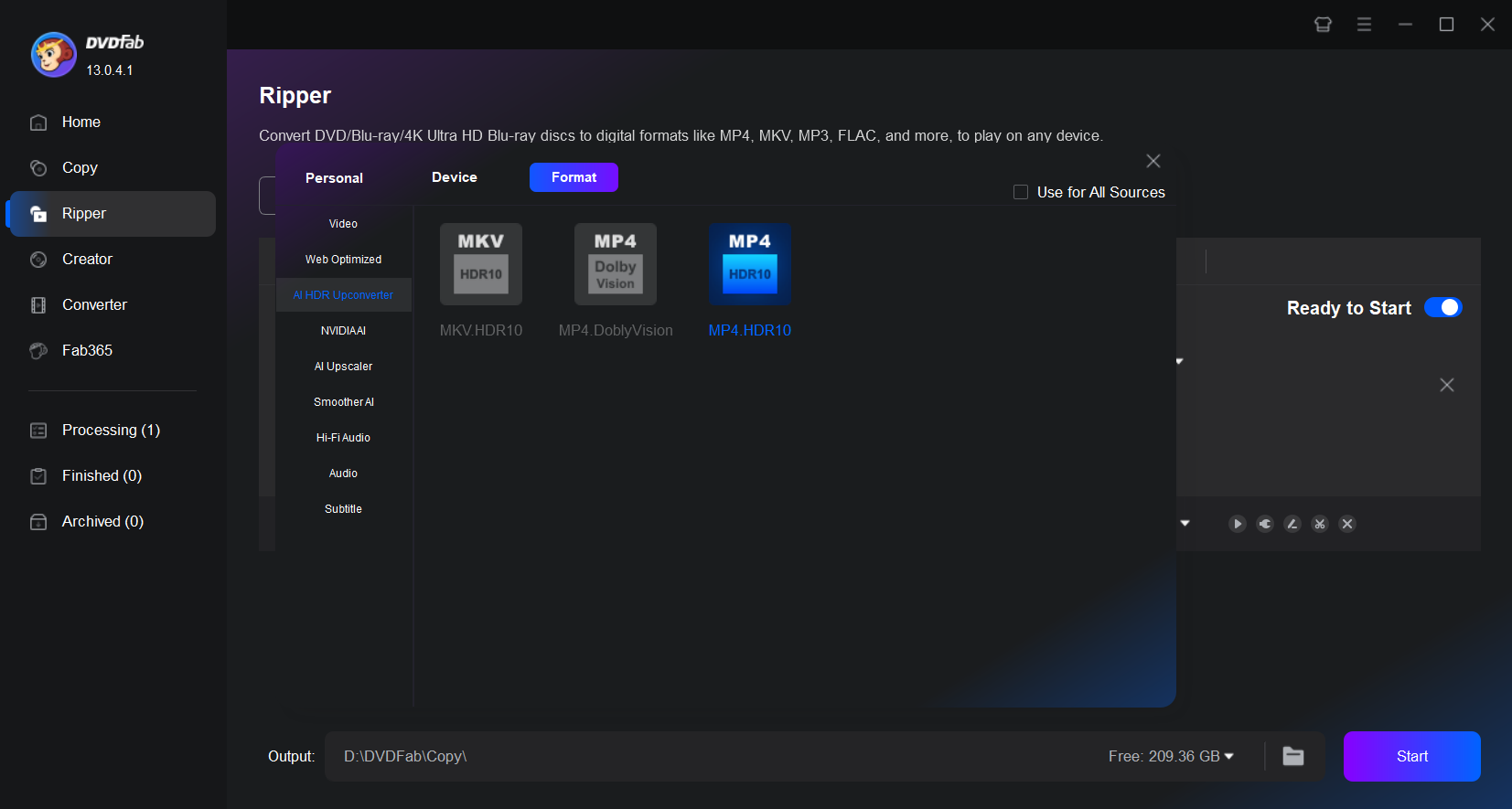 使用 AI HDR Upconverter 增強影片