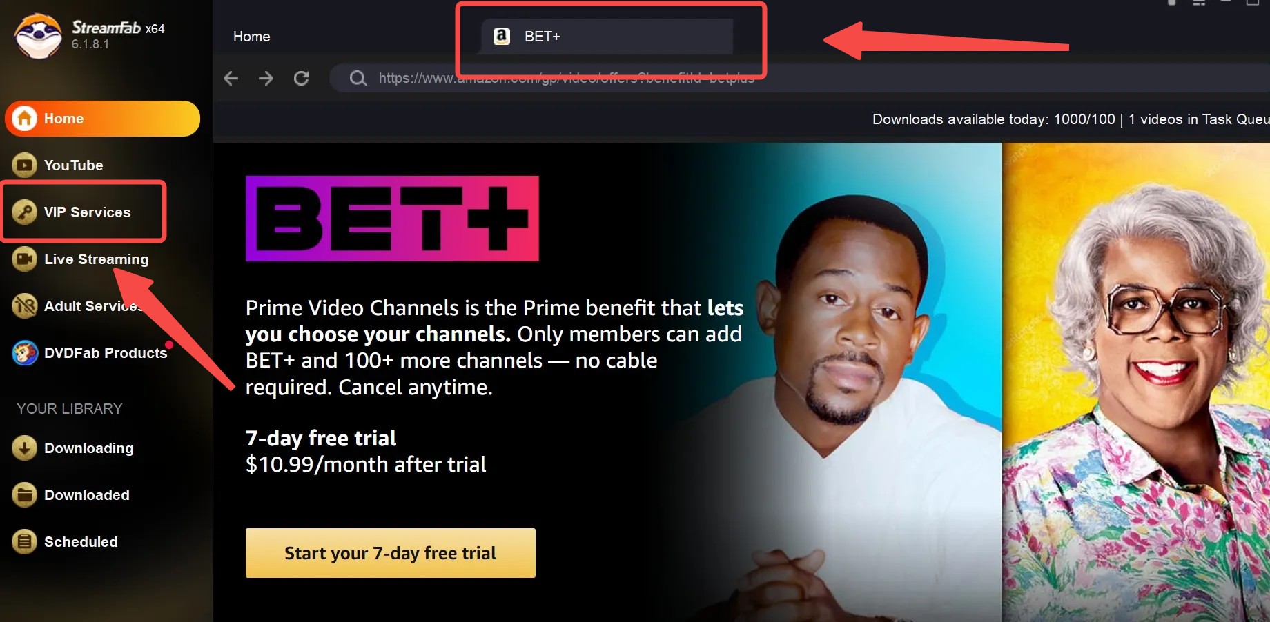 how to download shows on bet plus: step 2 of streamfab (through amazon)