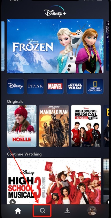 search for videos in Disney Plus app