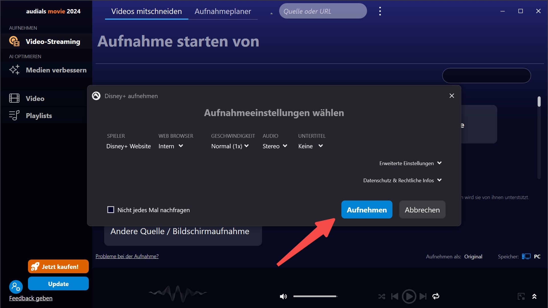 Schritte zur Aufnahme der Streaming-Videos mit Audials Movie