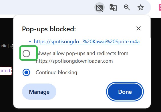 allow pop-ups and redirects on spotidownload