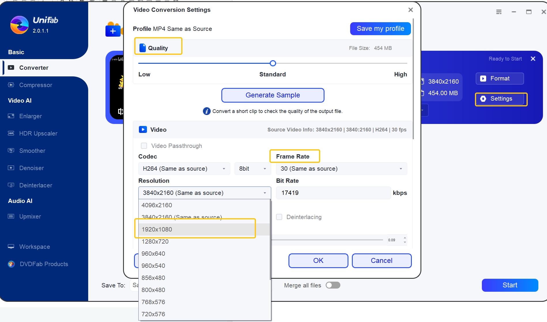 convert 4k to 1080p using unifab step2