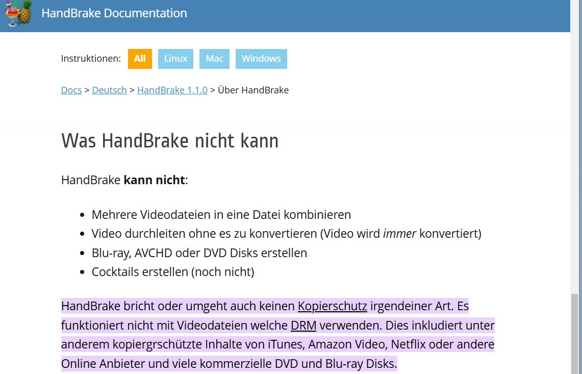 Handbrake umgeht den DVD-Kopierschutz nur mit libdvdcss