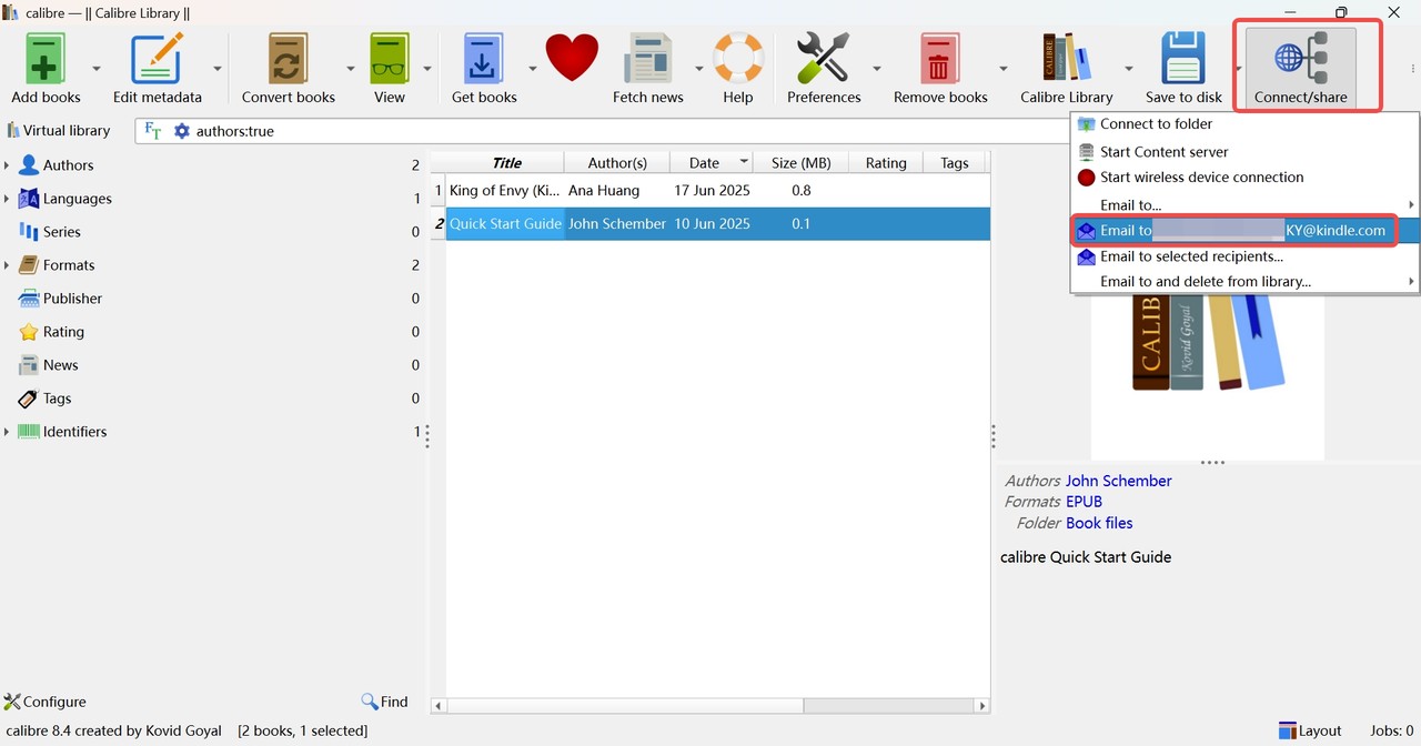 Transfer ebooks from calibre to kindle by email