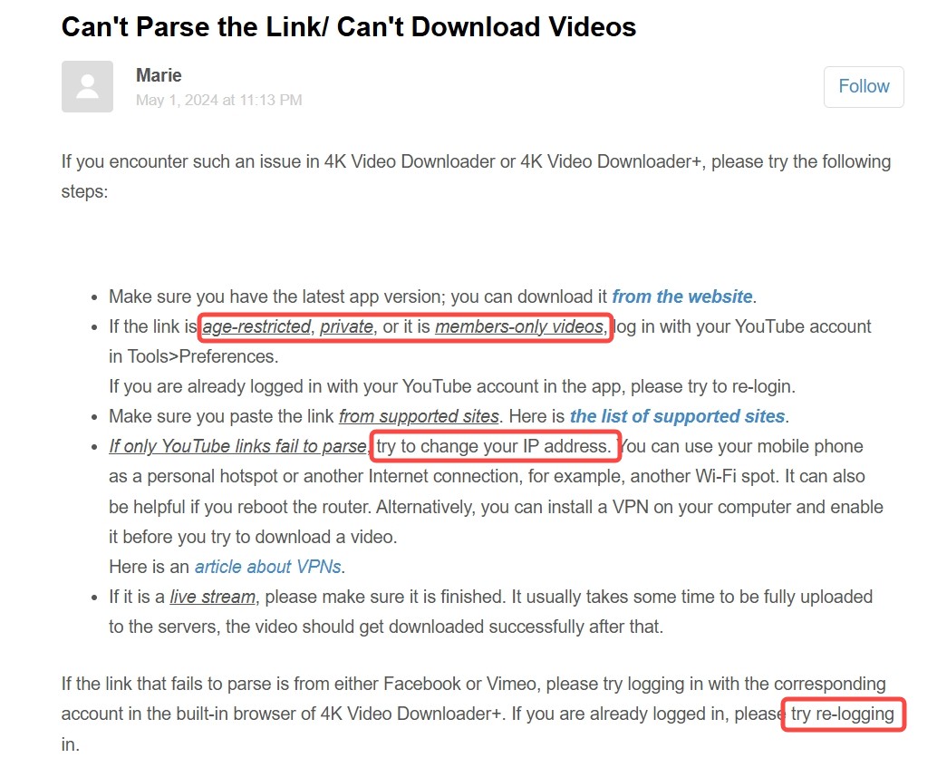 Warum kann 4KVideoDownloader Links nicht analysieren?