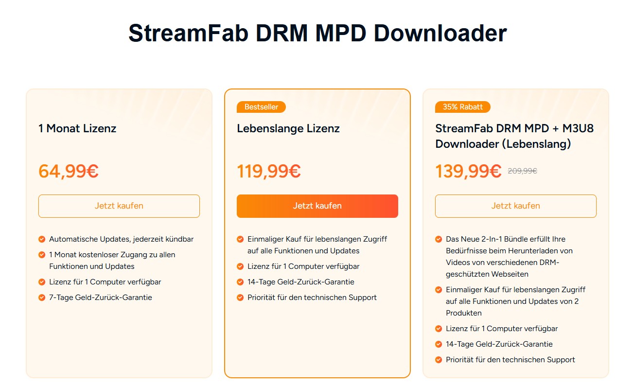 StreamFab DRM MPD Downloader Pakete und Kosten